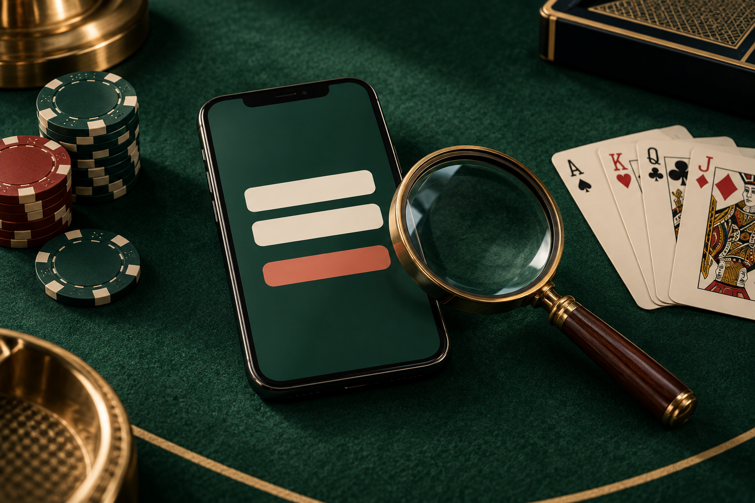 Ilustrasi layar masuk netral di samping kartu casino, keping dan kaca pembesar