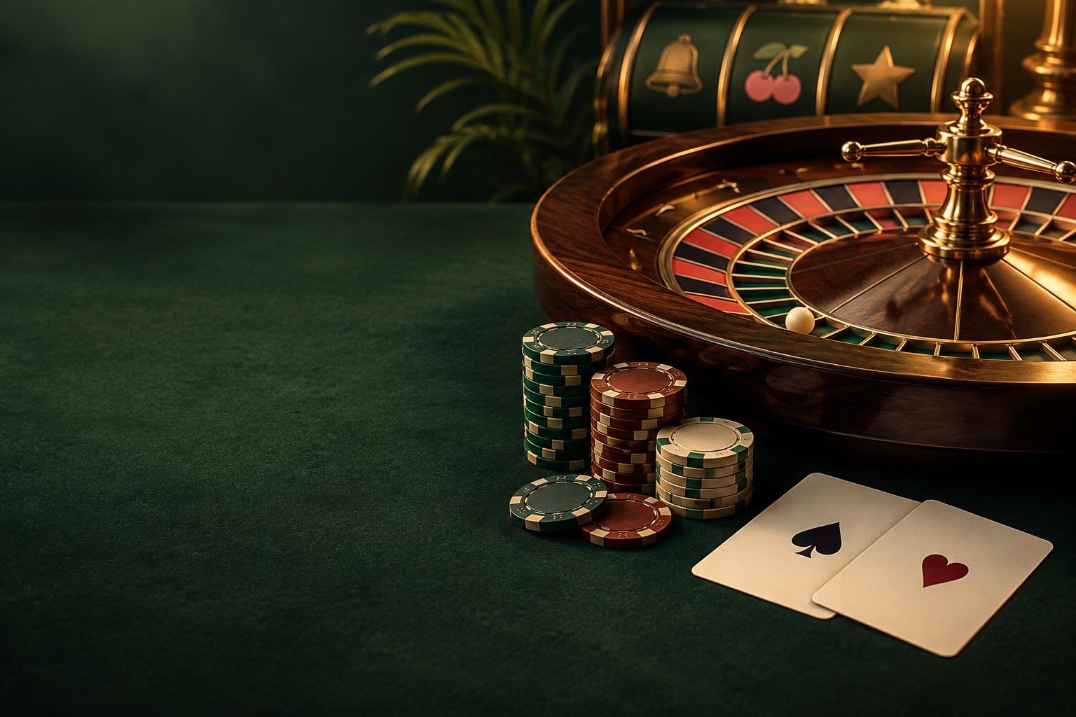 Ilustrasi meja roulette, kartu dan keping casino dengan cahaya tembaga