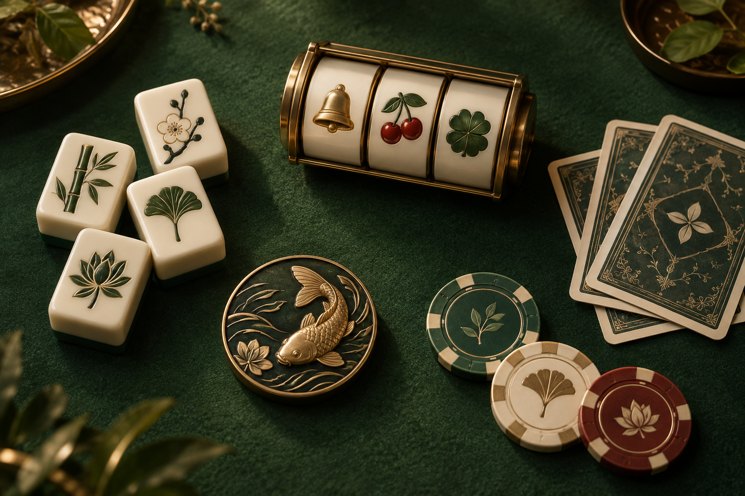 Ilustrasi katalog casino dengan gulungan slot, ubin mahjong, kartu dan keping di meja hijau