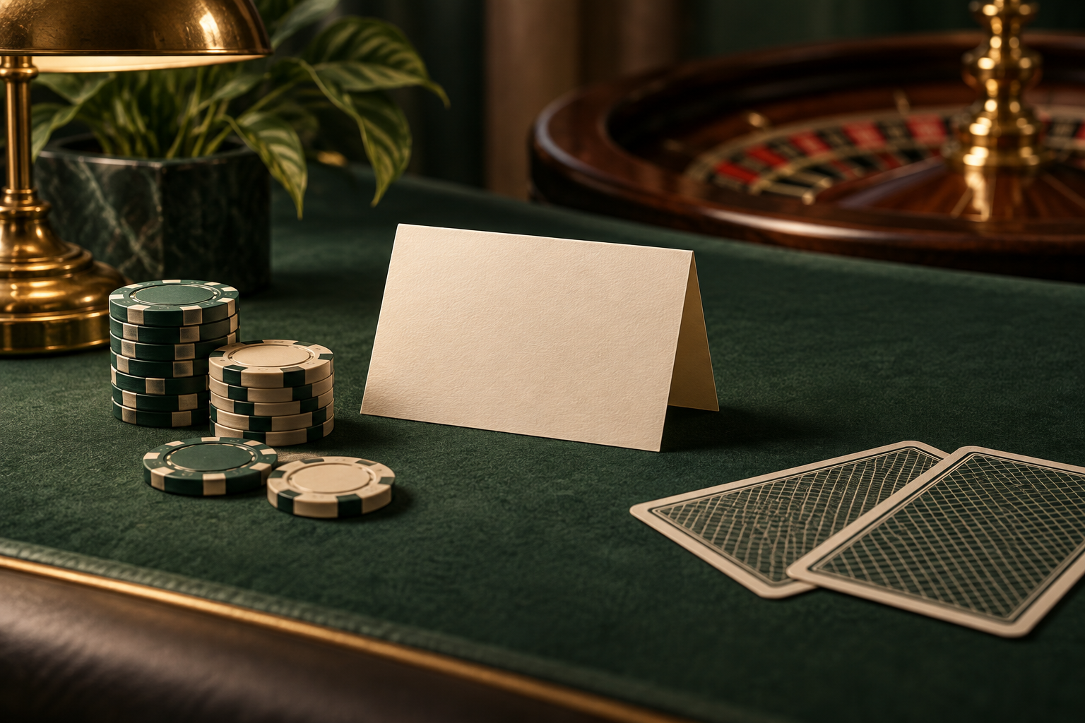 Ilustrasi kartu, keping casino dan dokumen ketentuan di meja hijau